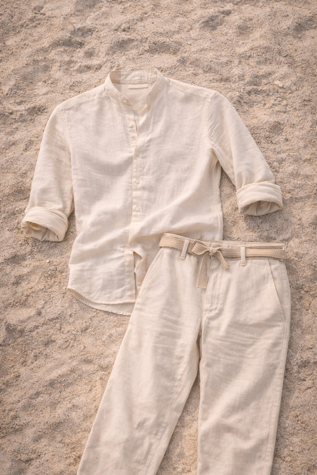 Noah | Men’s Linen Two Piece Set Collarless Shirt and Trousers