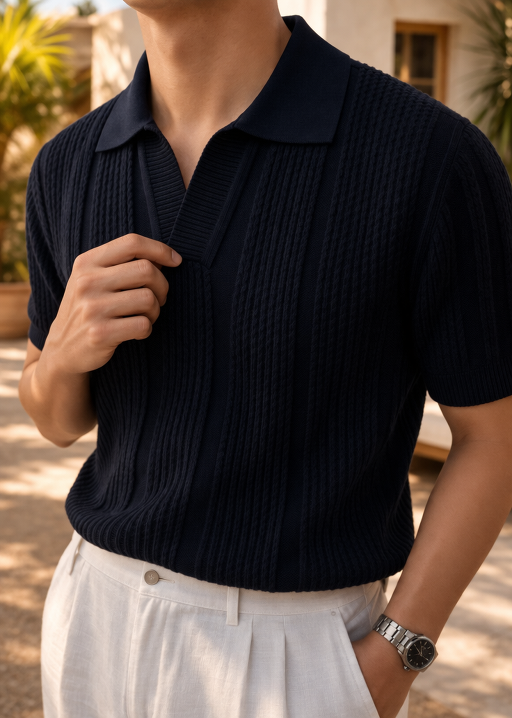 Keith | Men’s Textured Knit Polo Shirt with Vertical Pattern