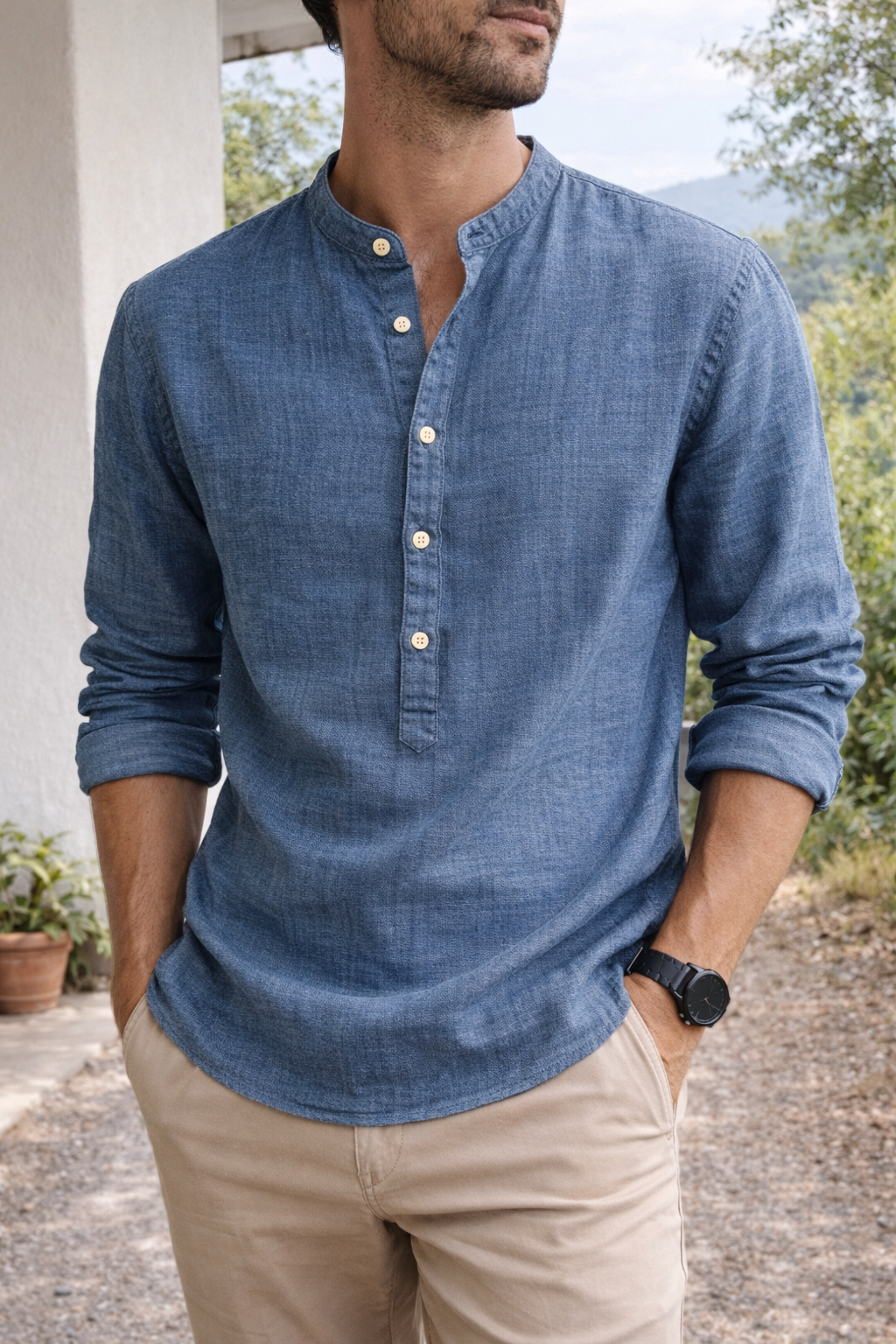 Theo | Men’s Linen Grandad Collar Shirt