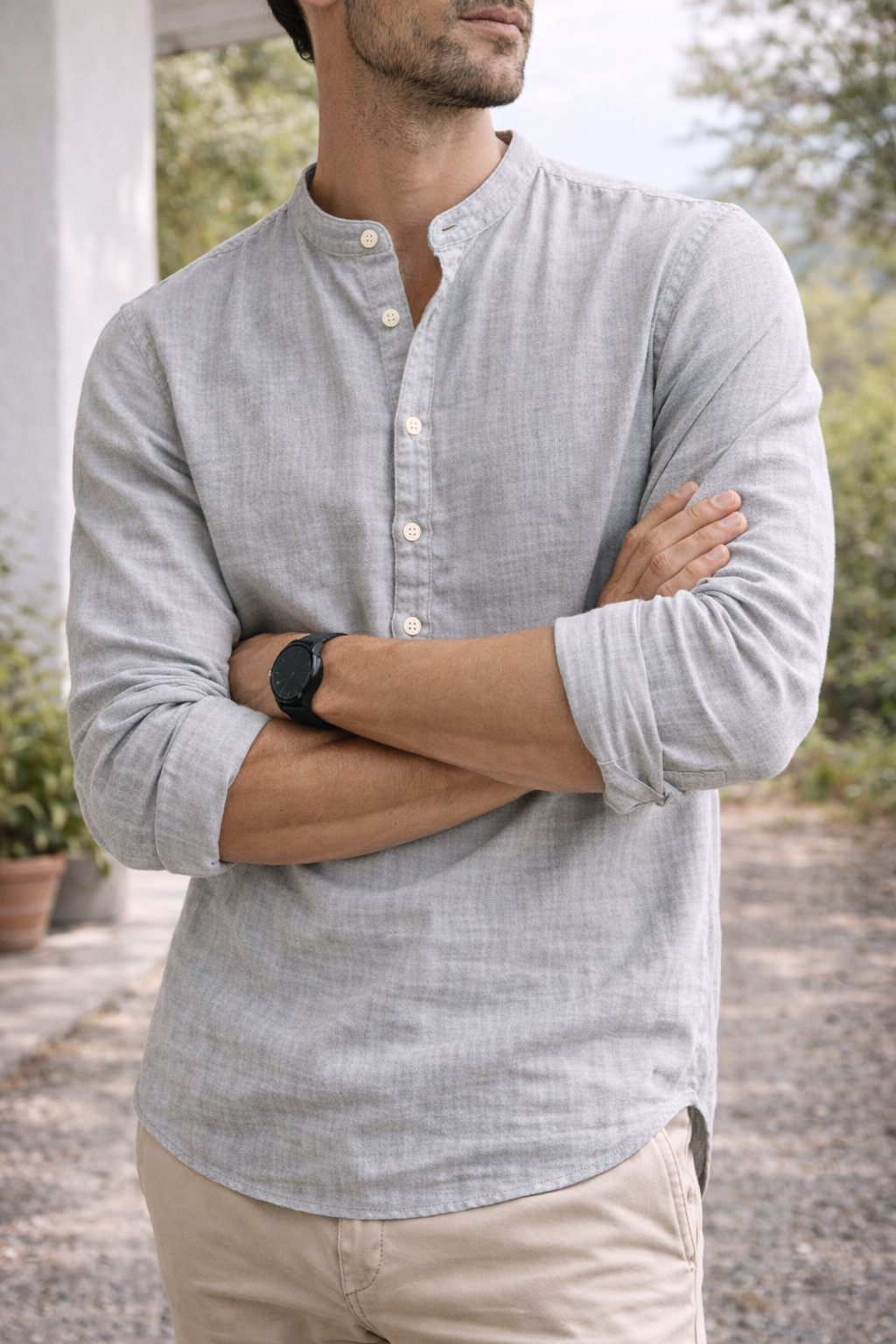 Theo | Men’s Linen Grandad Collar Shirt