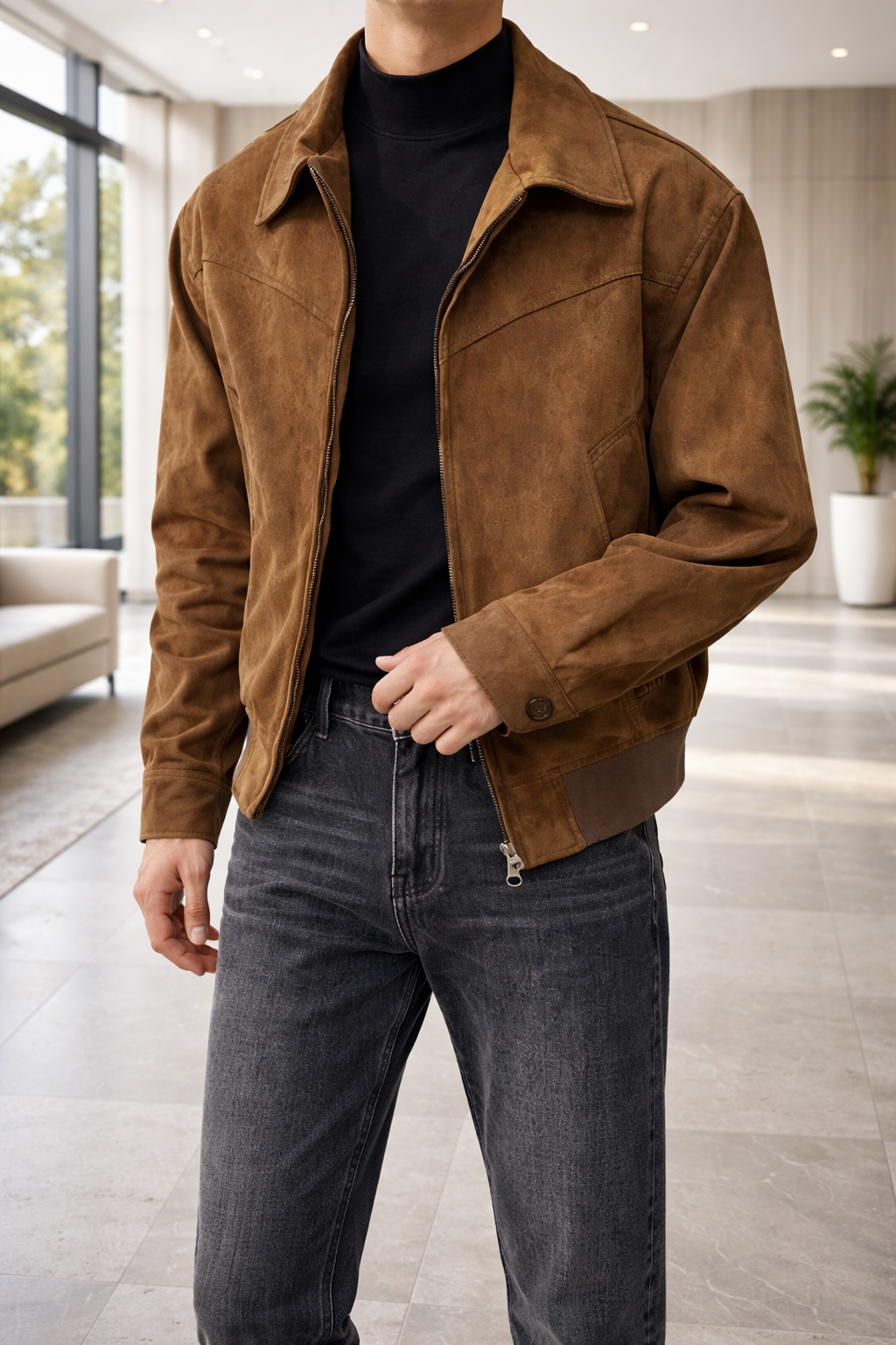 Rowan | Men’s Suede Leather Zip Jacket with Collar
