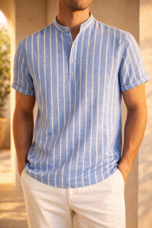 Ronnie | Men’s Short Sleeve Band Collar Shirt Striped Cotton Linen Blend