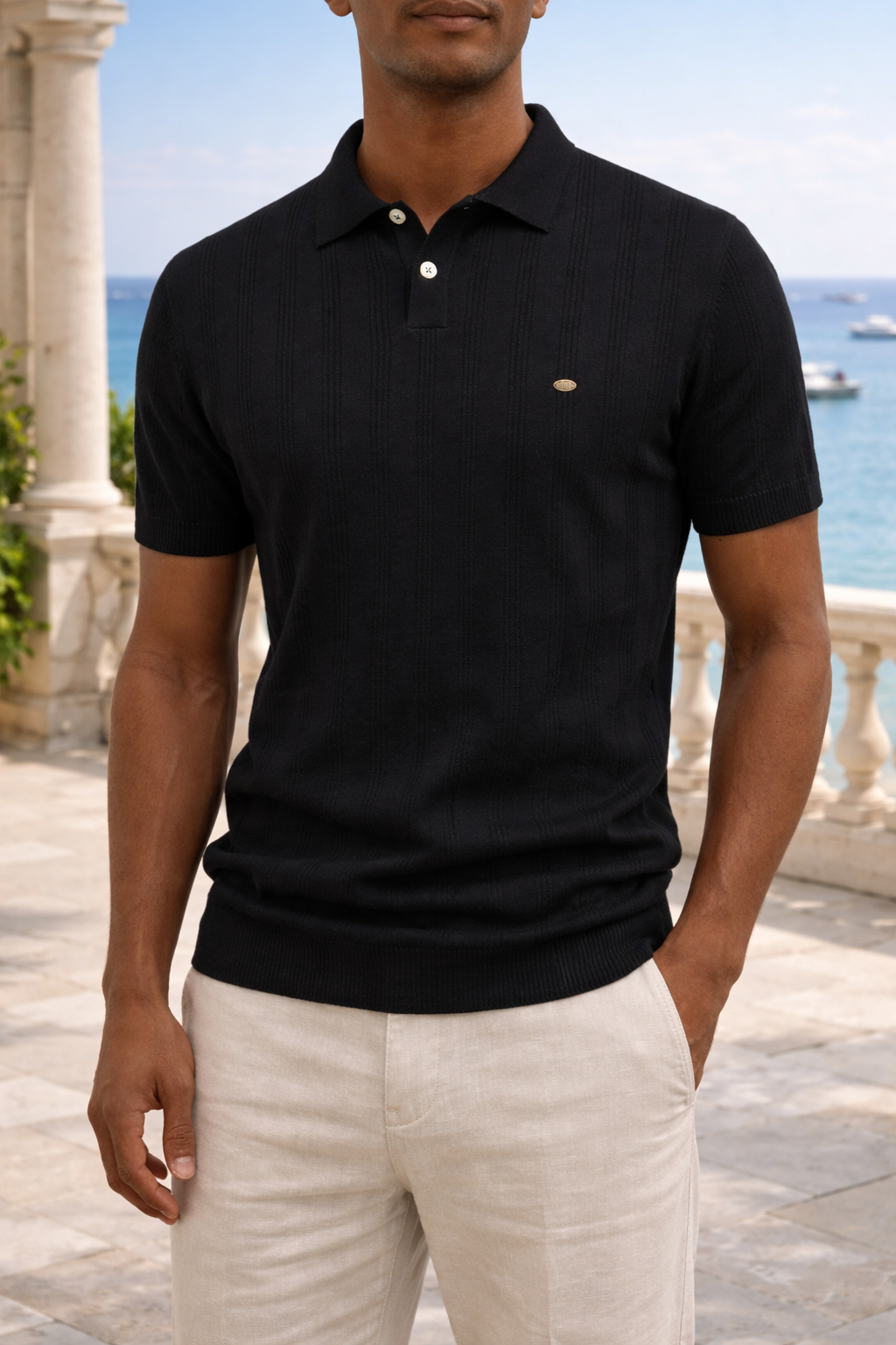 James | Textured Knit Polo Shirt with Button Placket