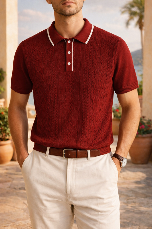 Walter | Men’s Cable Knit Polo Shirt Short Sleeve Relaxed Fit