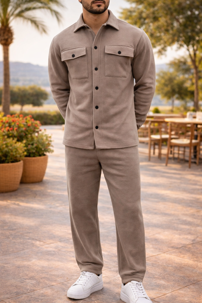 Cody | Knit Two Piece Set with Button Shirt Jacket and Tapered Trousers
