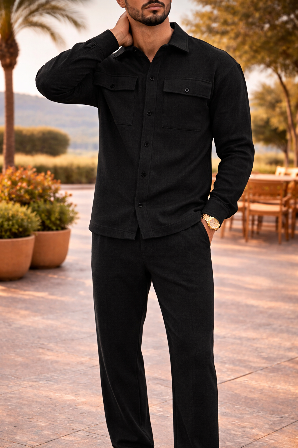 Cody | Knit Two Piece Set with Button Shirt Jacket and Tapered Trousers