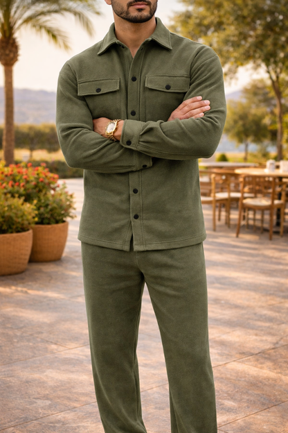 Cody | Knit Two Piece Set with Button Shirt Jacket and Tapered Trousers