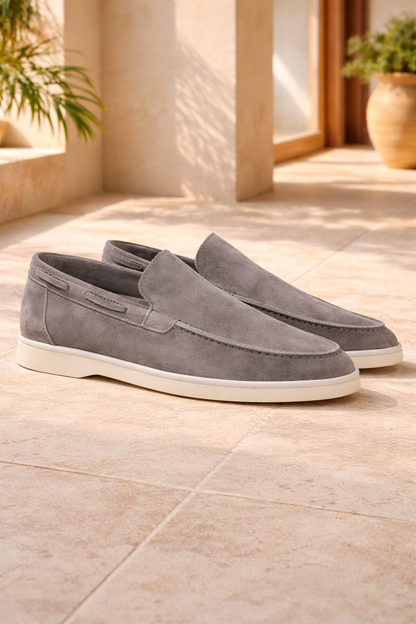 Enzo | Suede Slip On Loafers with Flat Sole and Moc Toe Design