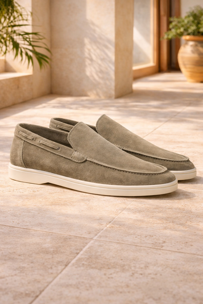 Enzo | Suede Slip On Loafers with Flat Sole and Moc Toe Design