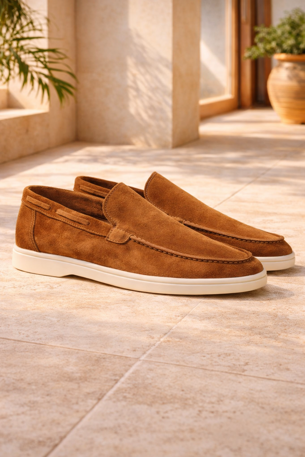 Enzo | Suede Slip On Loafers with Flat Sole and Moc Toe Design