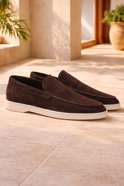 Enzo | Suede Slip On Loafers with Flat Sole and Moc Toe Design
