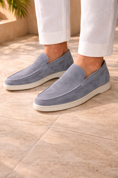 Enzo | Suede Slip On Loafers with Flat Sole and Moc Toe Design