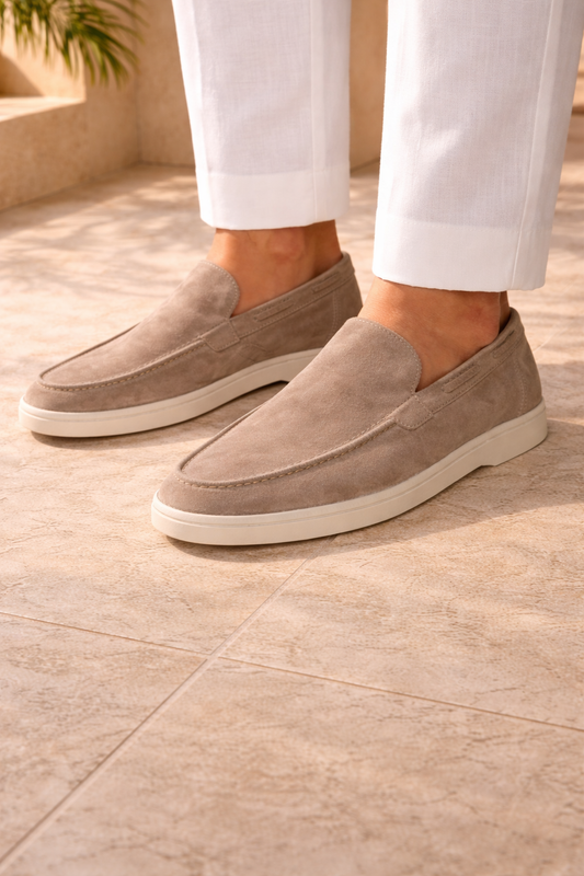 Enzo | Suede Slip On Loafers with Flat Sole and Moc Toe Design