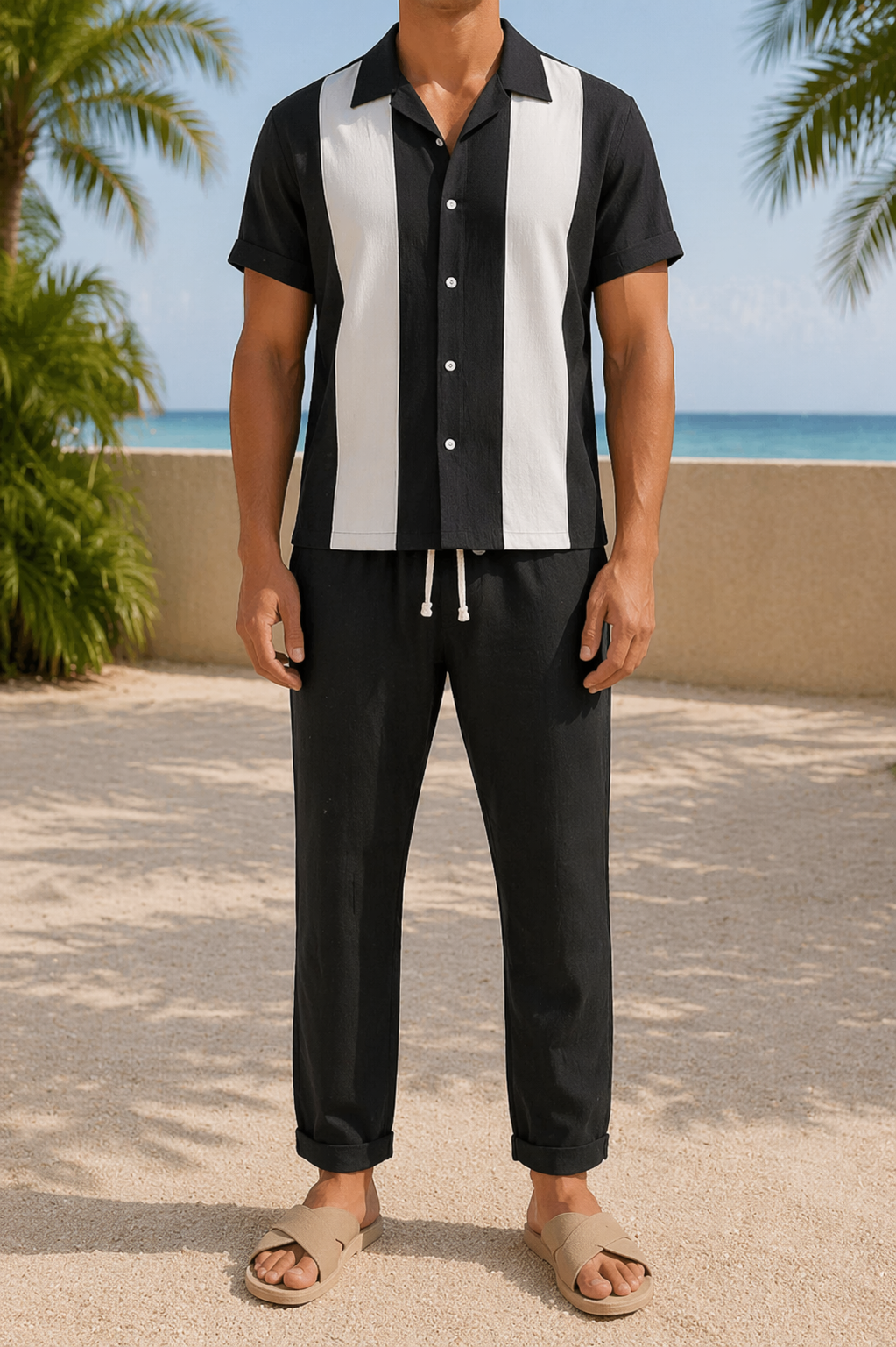 Sonny | Linen Two Piece Set with Short Sleeve Shirt and Straight Leg Trousers