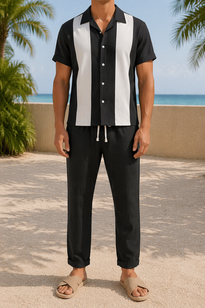 Sonny | Linen Two Piece Set with Short Sleeve Shirt and Straight Leg Trousers