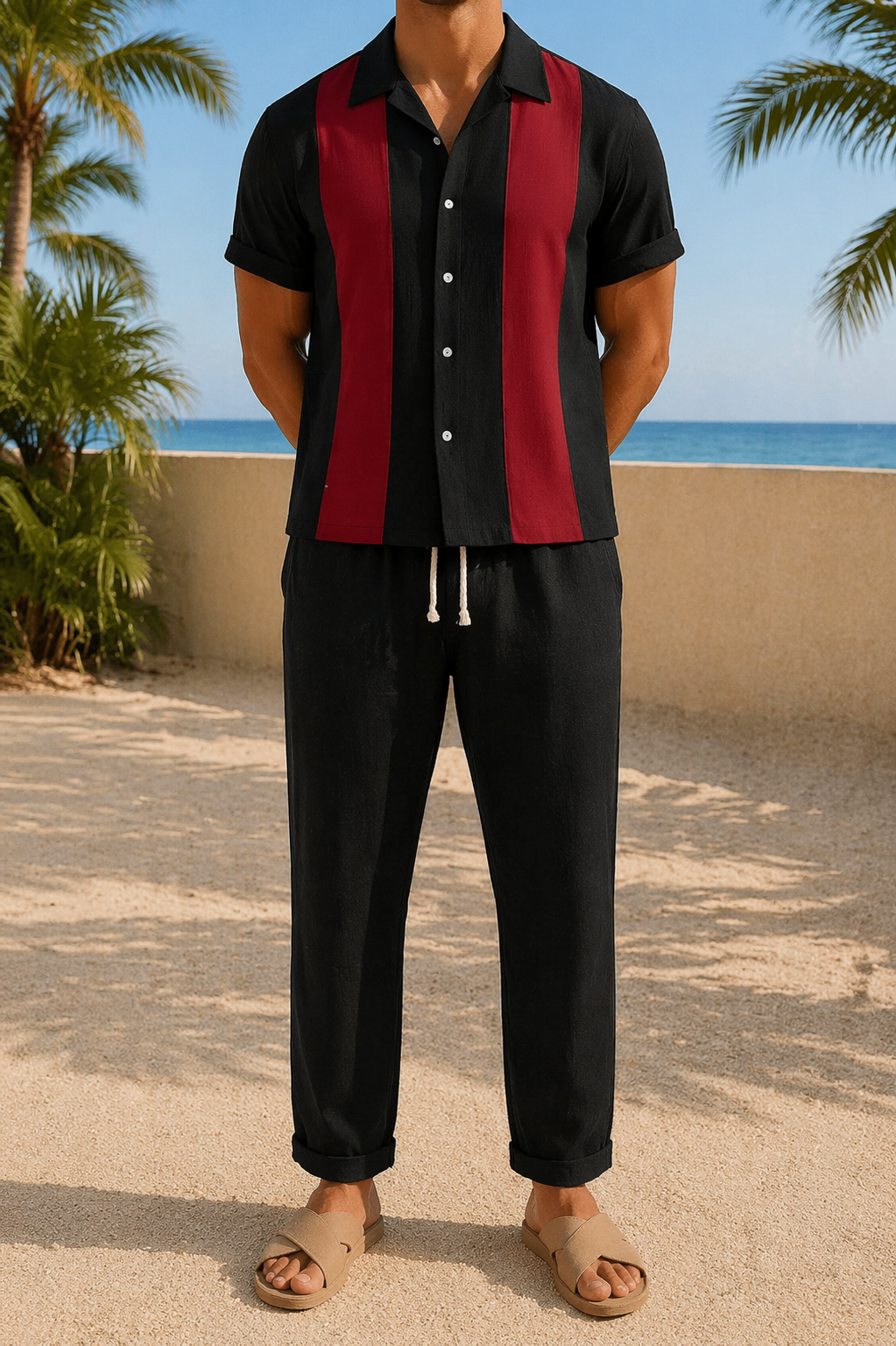 Sonny | Linen Two Piece Set with Short Sleeve Shirt and Straight Leg Trousers