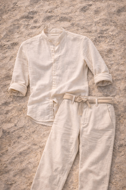 Noah | Men’s Linen Two Piece Set Collarless Shirt and Trousers