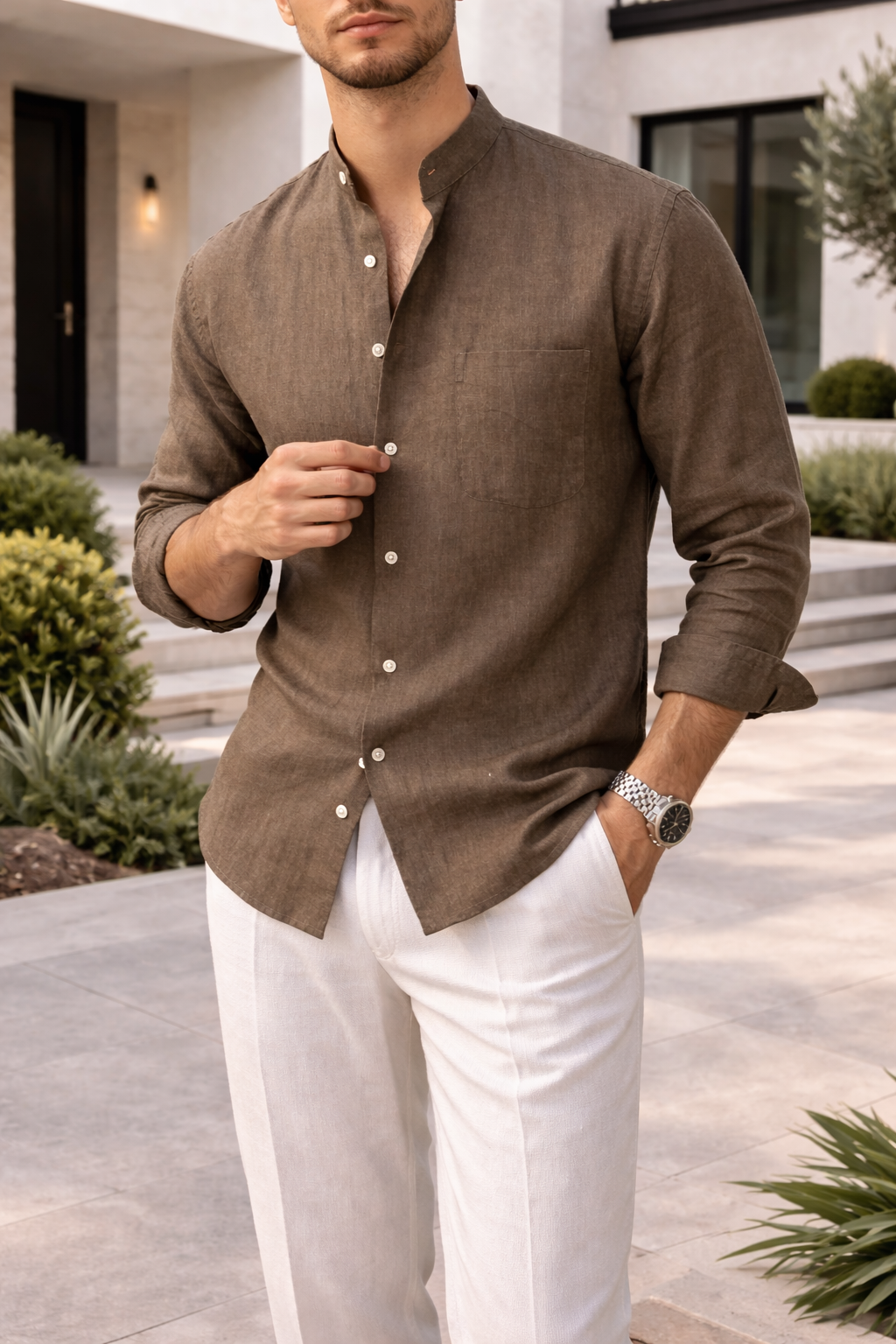 Shane | Men’s Grandad Collar Linen Blend Shirt with Button Front