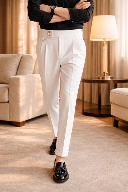 Patrick | High Waist Pleated Tailored Trousers with Button Detail