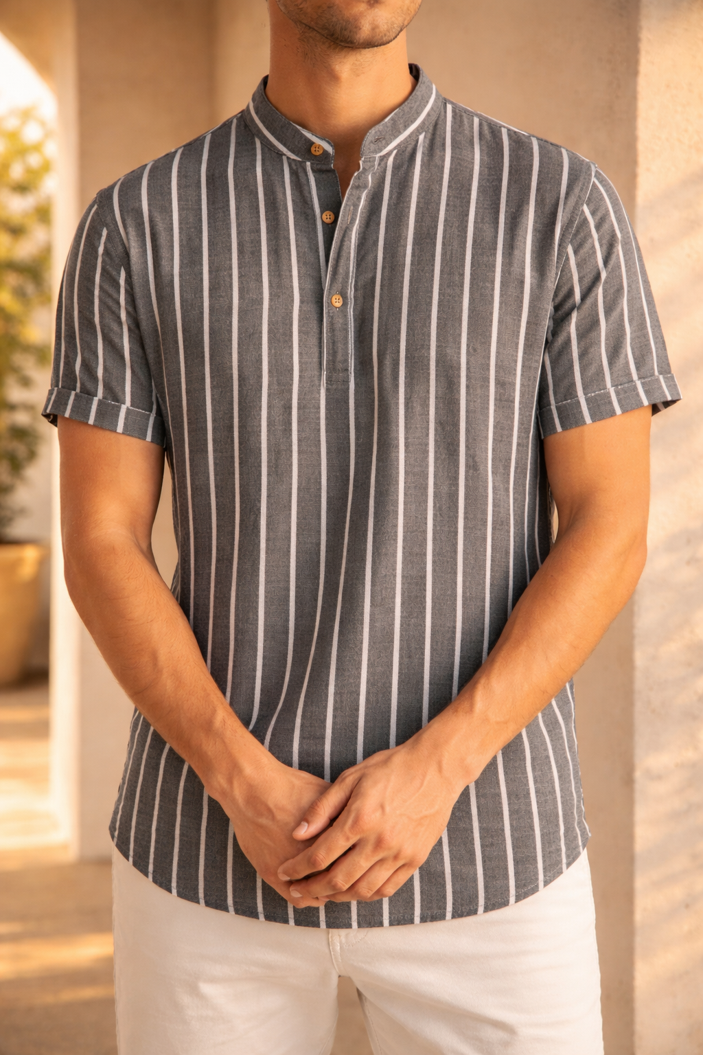 Ronnie | Men’s Short Sleeve Band Collar Shirt Striped Cotton Linen Blend