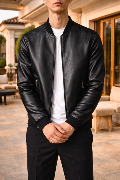 Rupert | Men’s Leather Bomber Jacket Zip Front Rib Trim Casual Outerwear