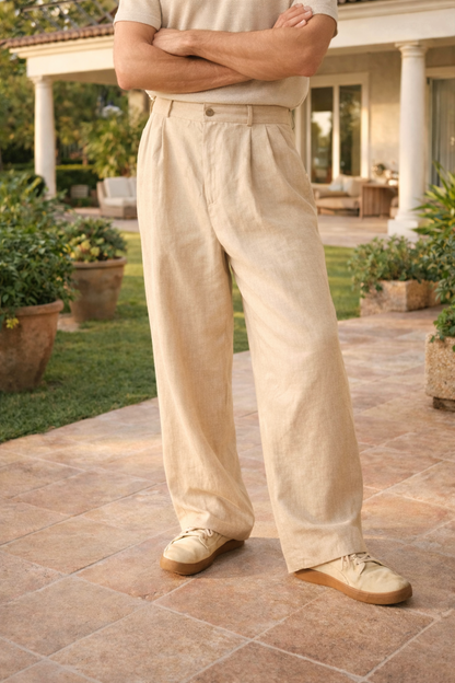 Roger | Men’s Wide Leg Linen Pleated Trousers with Relaxed Fit