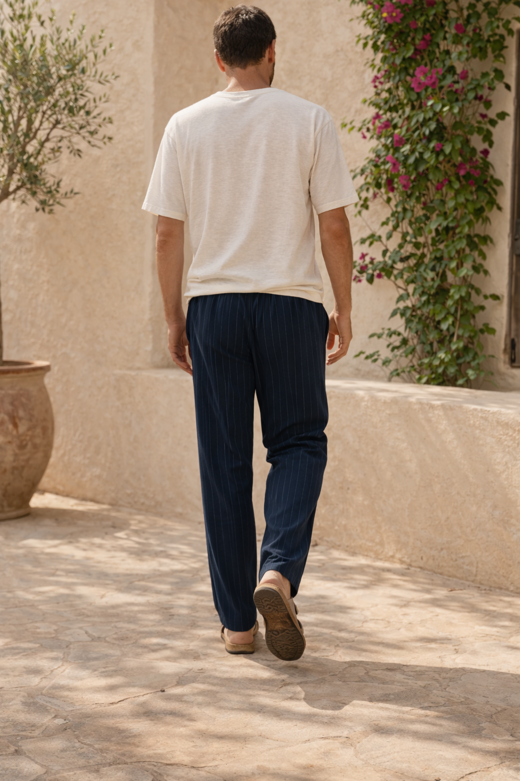 Austin | Men’s Vertical Stripe Linen Drawstring Trousers Relaxed Fit Lightweight