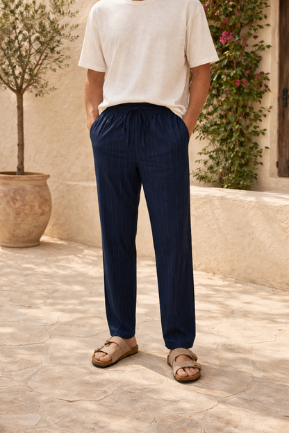 Austin | Men’s Vertical Stripe Linen Drawstring Trousers Relaxed Fit Lightweight