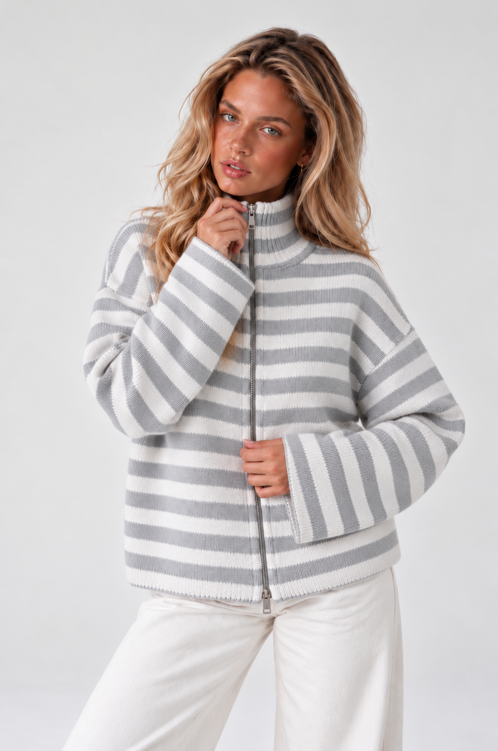 Walthamstow Striped Zip-Up Knit Cardigan