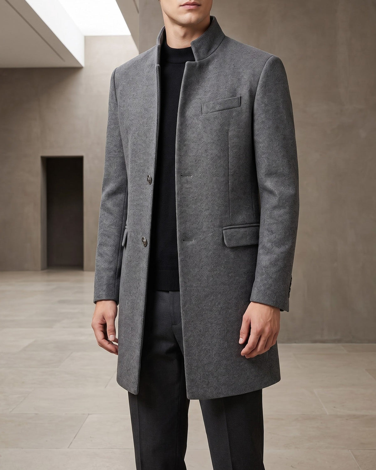 Bermondsey Stand Collar Wool Overcoat